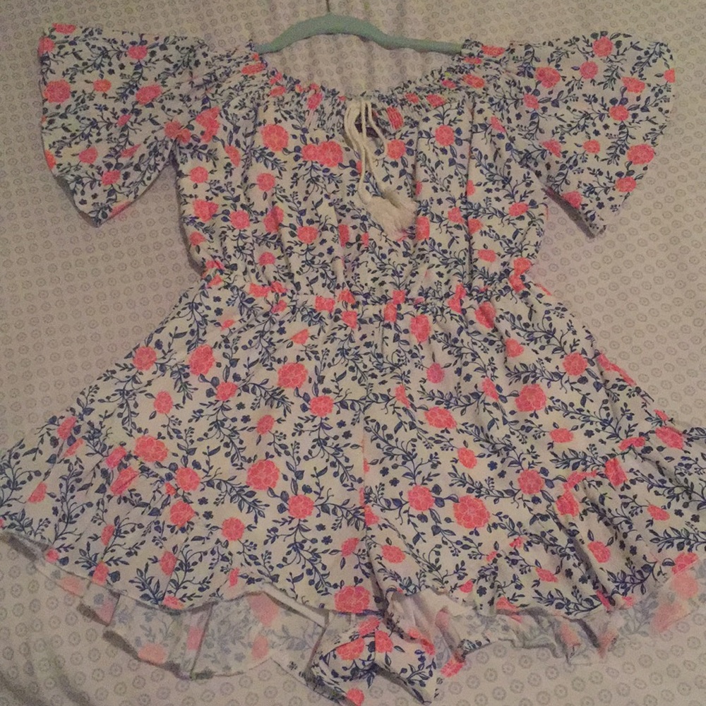 Pink and Navy Off the Shoulder Romper